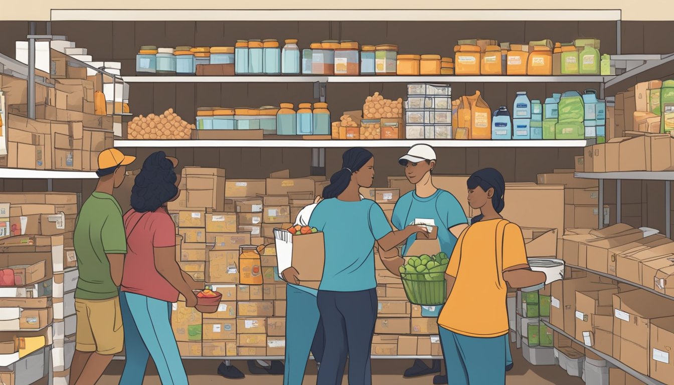 A bustling food pantry in Castro County, Texas, with volunteers distributing free groceries to those in need