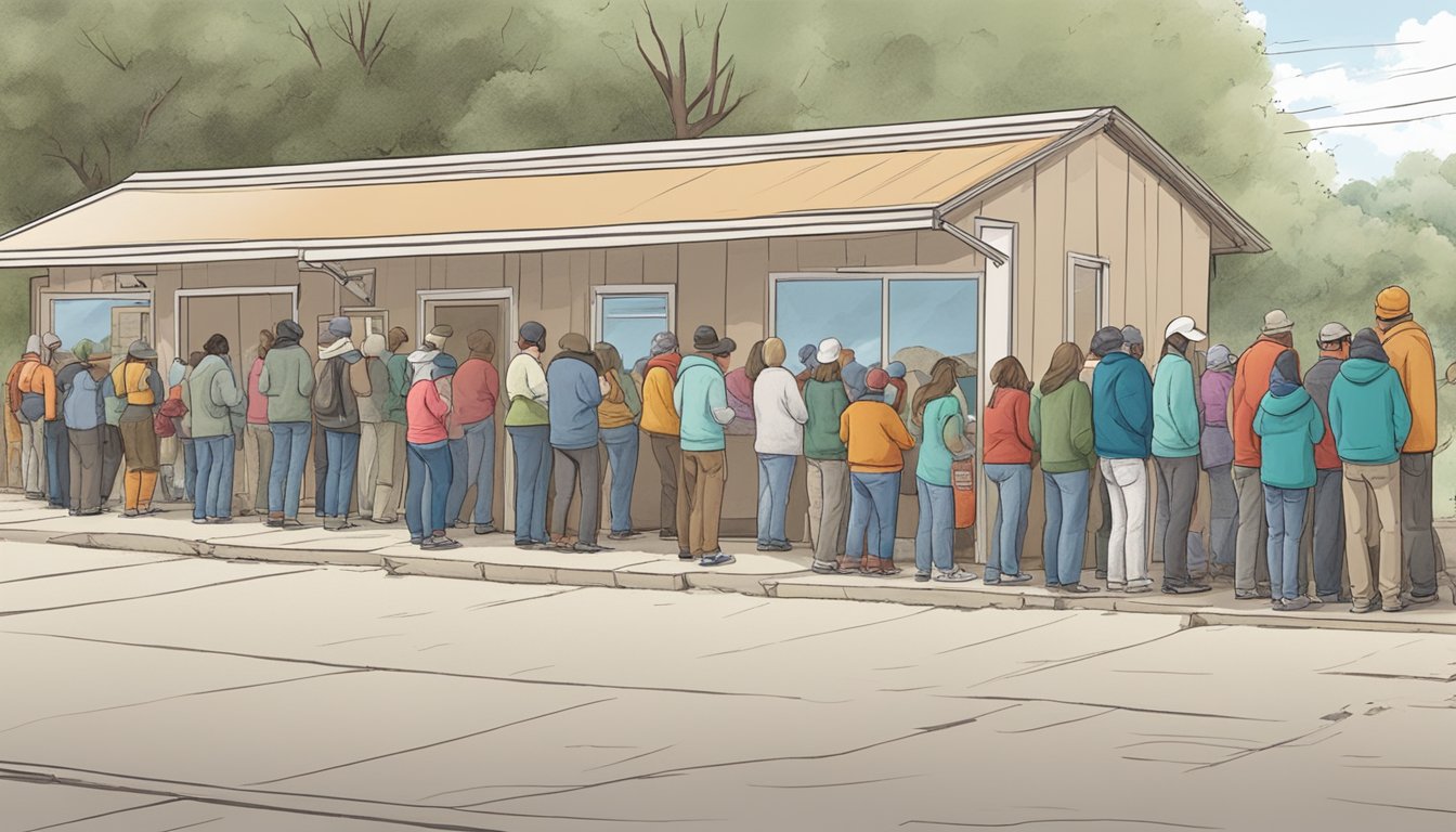 A line of people waits outside a food pantry in Culberson County, Texas, as volunteers hand out free groceries to those in need