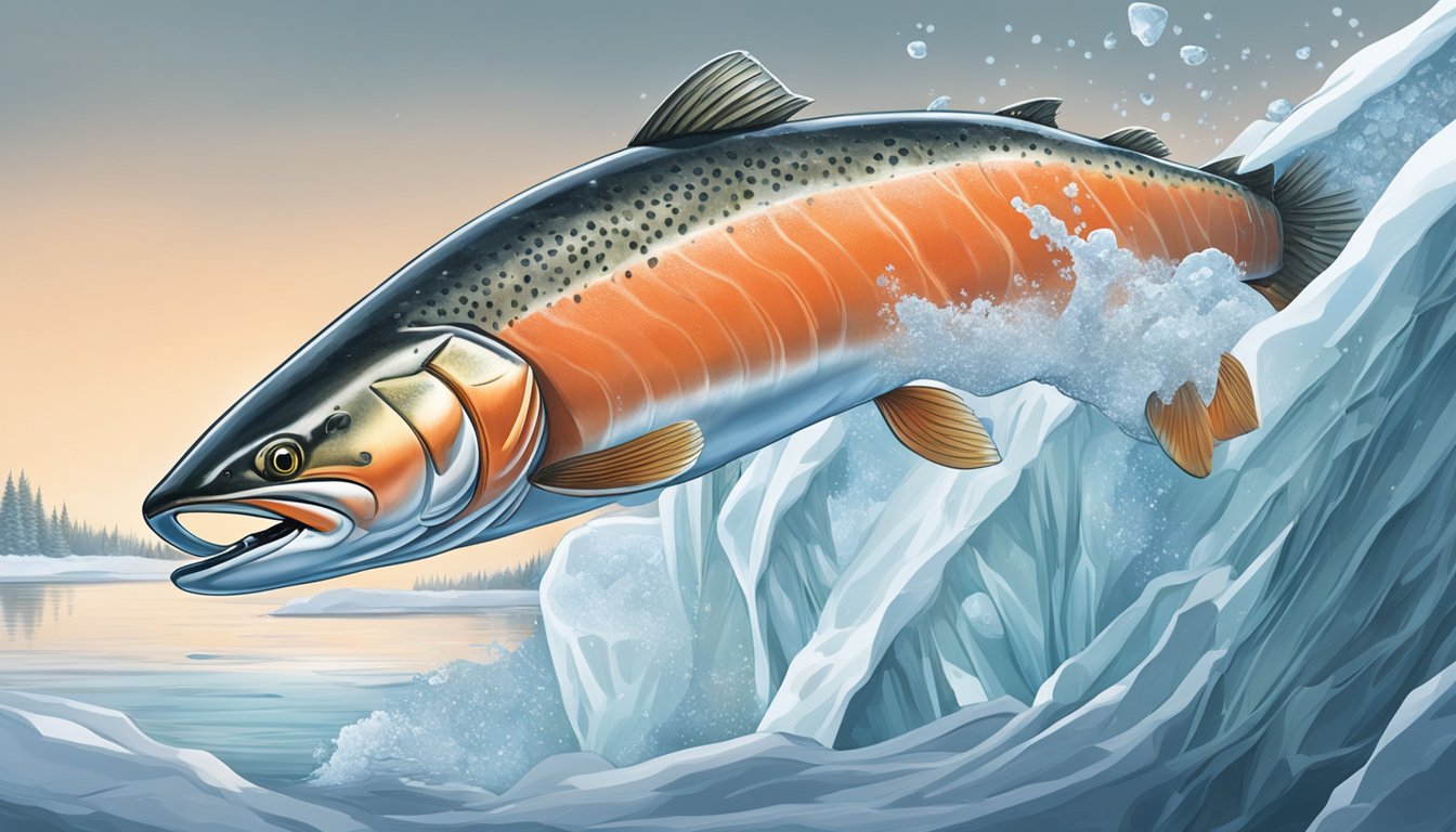 A fresh salmon leaping out of a pristine river, while a frozen salmon is encased in a block of ice, surrounded by frost