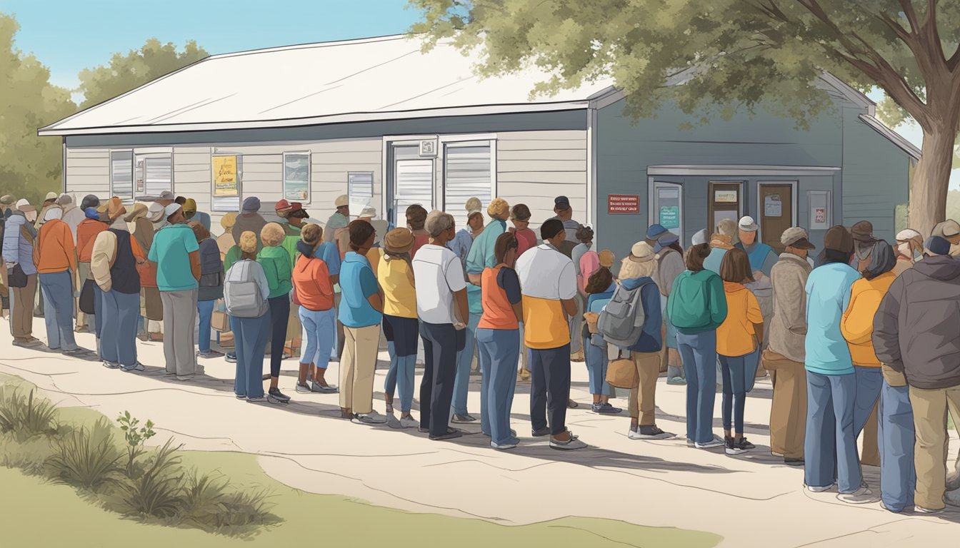 A line of people waits outside a food pantry in Culberson County, Texas, as volunteers distribute free groceries and food assistance