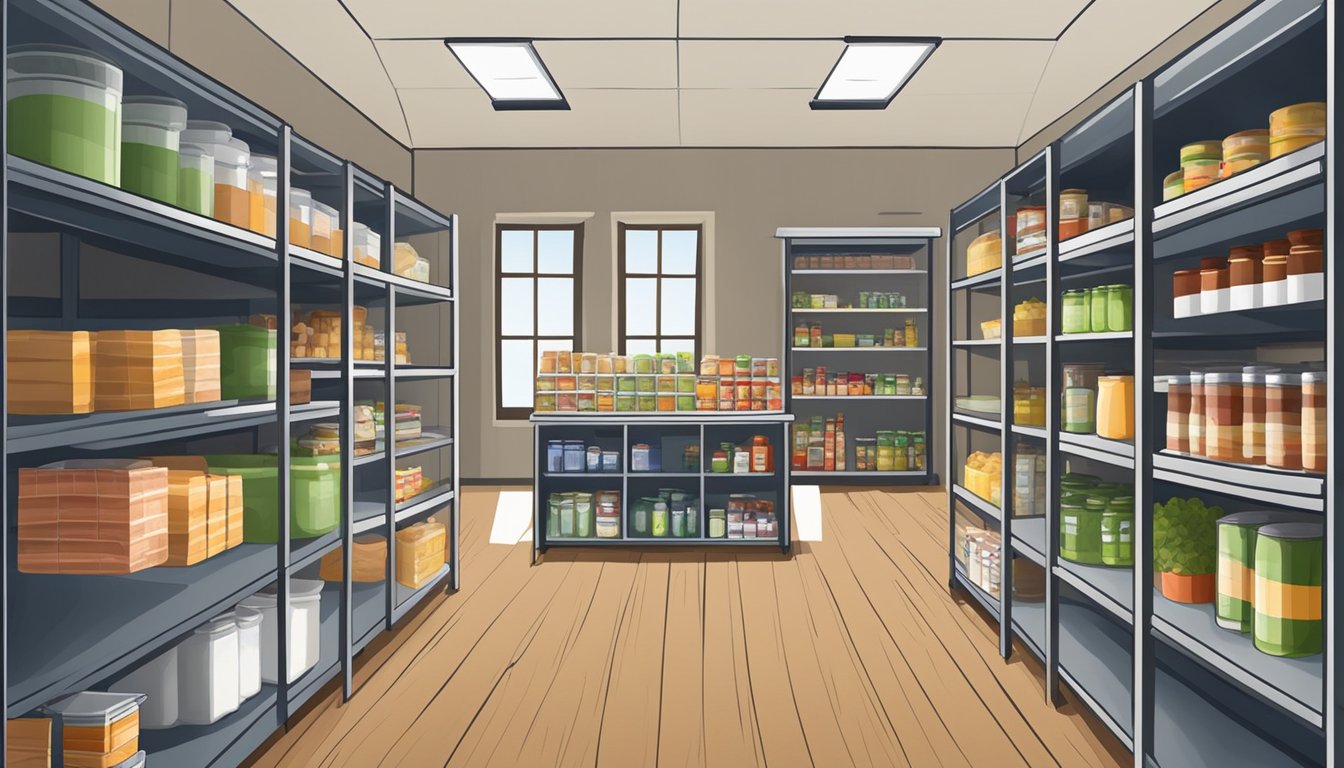 A small, rural food pantry in Culberson County, Texas, with shelves stocked with non-perishable items and a table with fresh produce for those in need