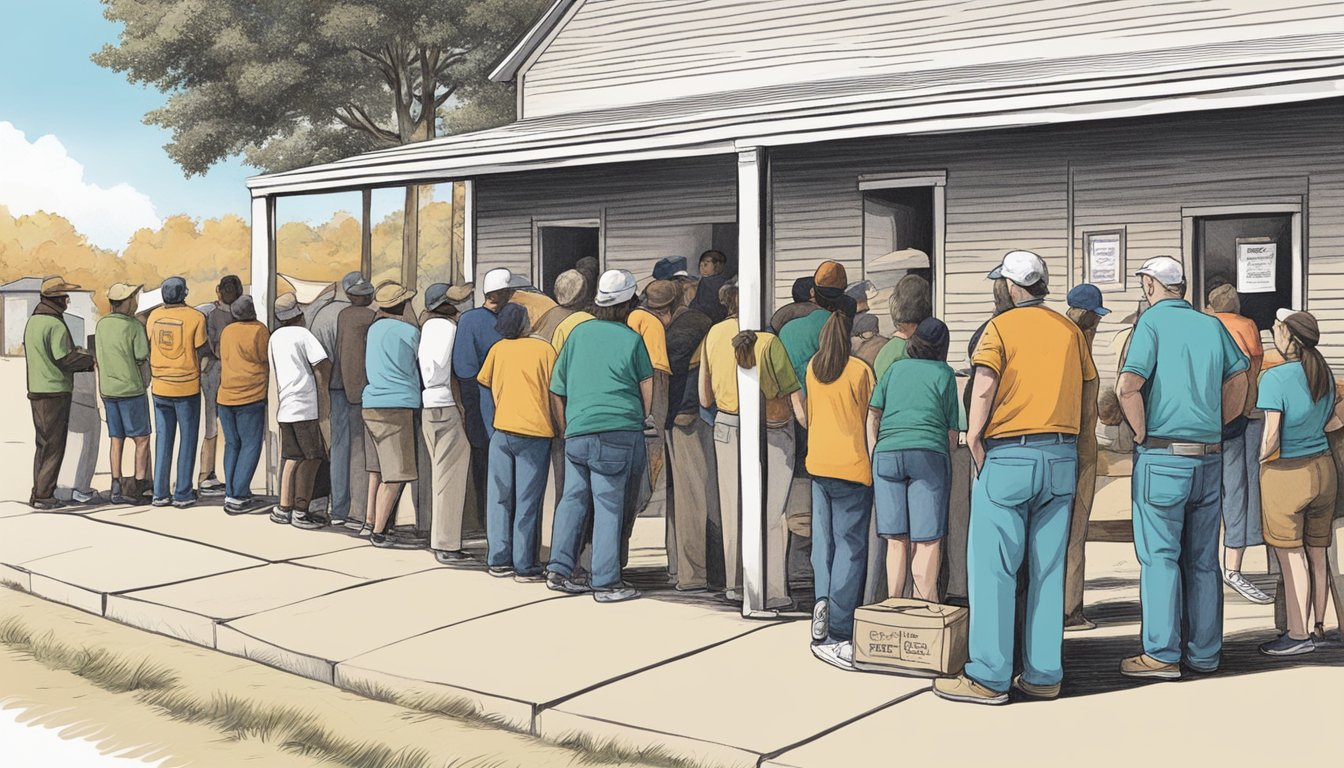 A line of people waits outside a food pantry in Crosby County, Texas. Volunteers hand out free groceries to those in need