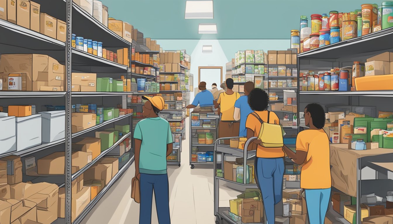 A bustling food pantry in Crosby County, Texas, with shelves stocked full of free groceries and volunteers assisting those in need