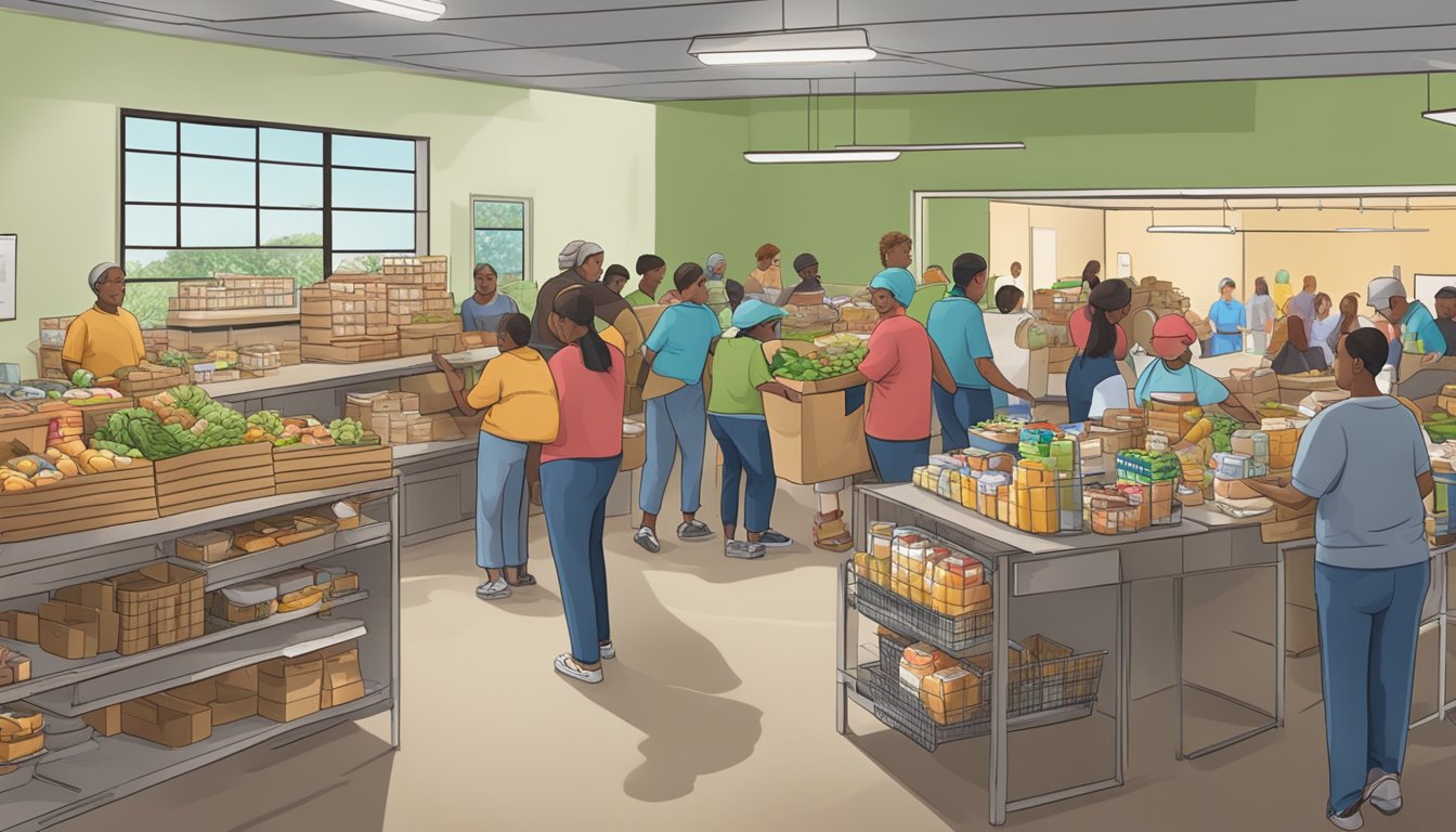 A bustling food pantry with volunteers distributing groceries to community members in need