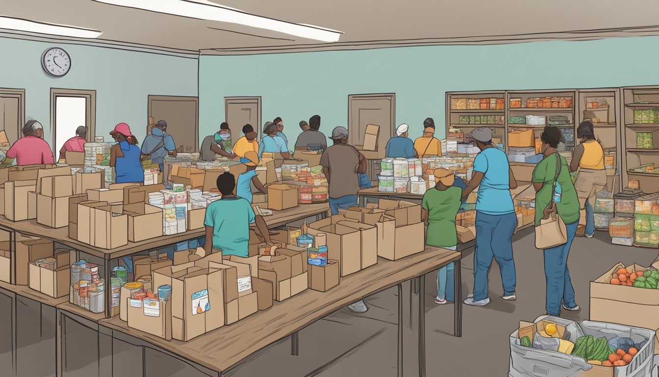 A bustling food pantry in Culberson County, Texas, with volunteers distributing free groceries to those in need