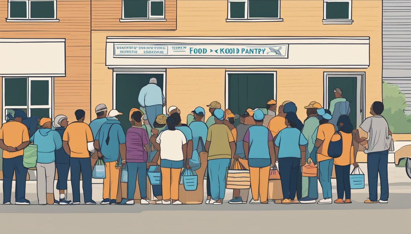 A line of people waits outside a food pantry in Crosby County, Texas. Volunteers distribute free groceries to those in need