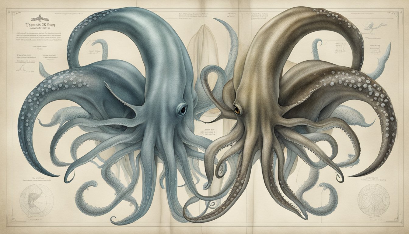 Two giant squid, one frozen and one fresh, side by side for a tentacle-to-tentacle comparison