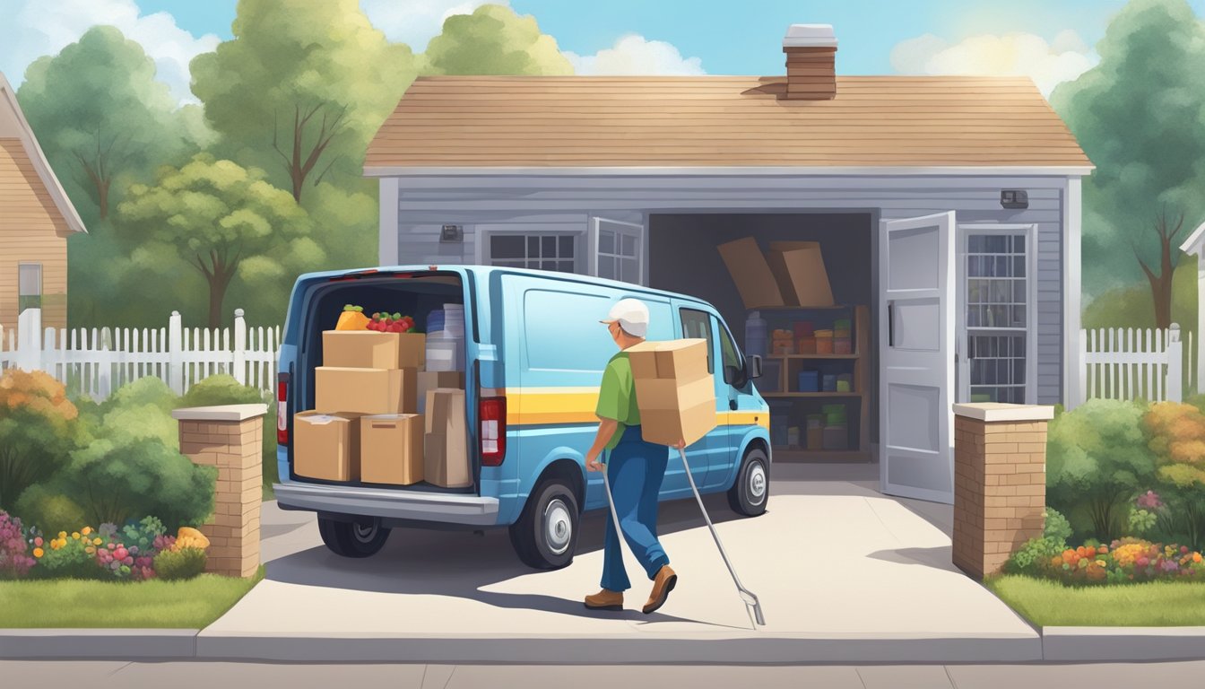 A delivery van stops at a small house, unloading boxes of groceries and food pantry items. A volunteer helps an elderly person carry the supplies inside