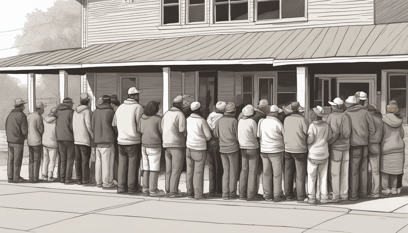 A line of people waits outside a community center, where volunteers distribute free groceries and food items in Culberson County, Texas