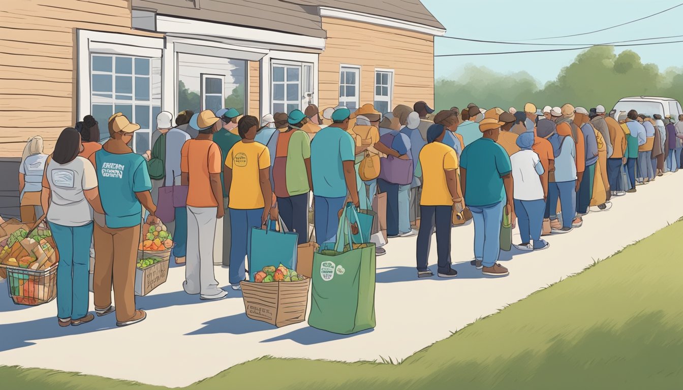 A line of people waits outside a food pantry in Crosby County, Texas. Volunteers hand out bags of groceries to those in need