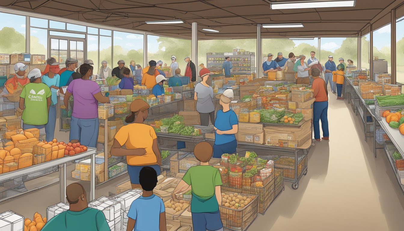 A bustling food pantry in Castro County, Texas, with volunteers distributing free groceries to those in need, promoting sustainability and self-sufficiency