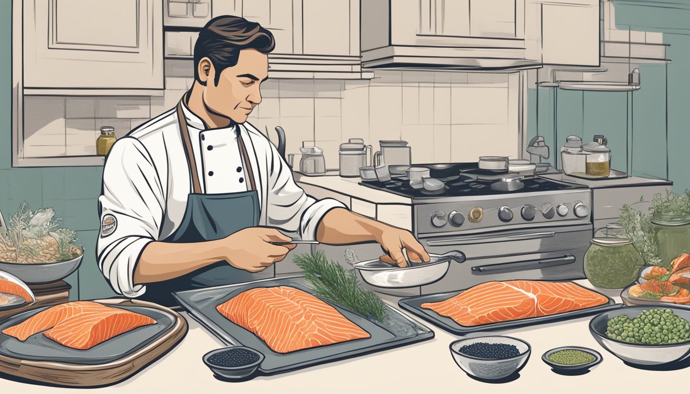 A chef comparing fresh and frozen salmon, surrounded by various cooking utensils and ingredients, with a thoughtful expression on their face