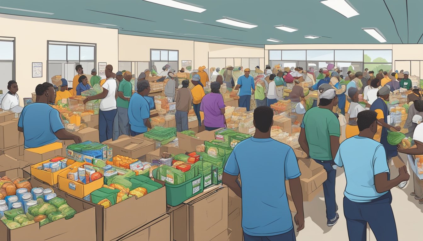 A bustling food pantry in Crosby County, Texas, with volunteers distributing free groceries to those in need