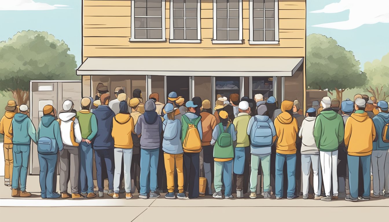 A line of people waiting outside a food pantry in Castro County, Texas. Volunteers distributing free groceries to those in need