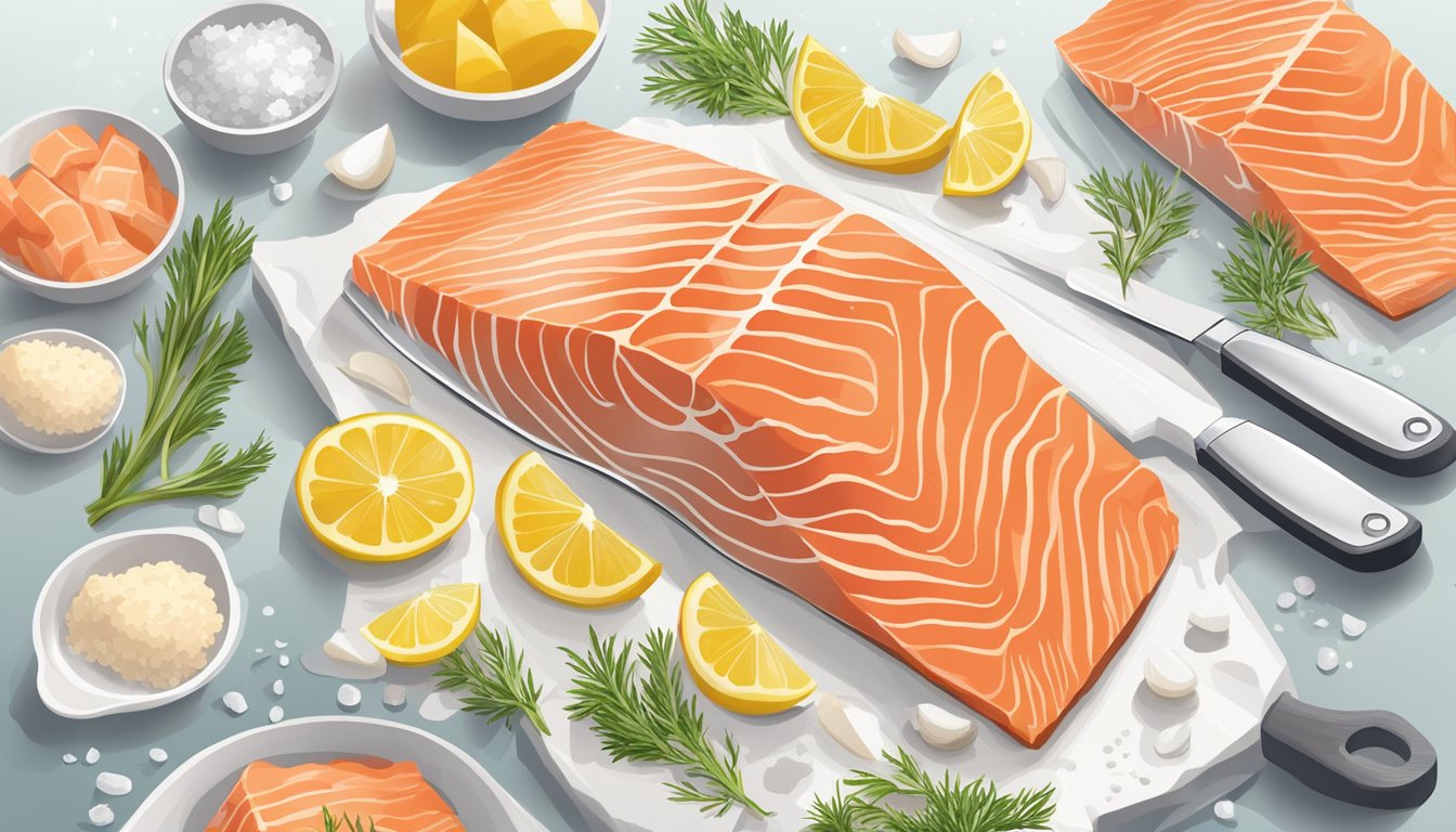 A side-by-side comparison of fresh and frozen salmon fillets on a clean, white cutting board with various cooking utensils and ingredients scattered around