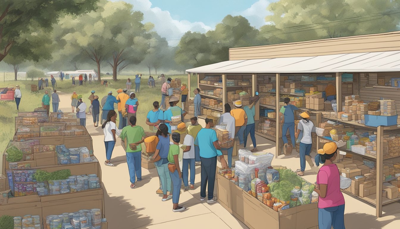 A bustling food pantry in Crosby County, Texas, with volunteers distributing free groceries to those in need