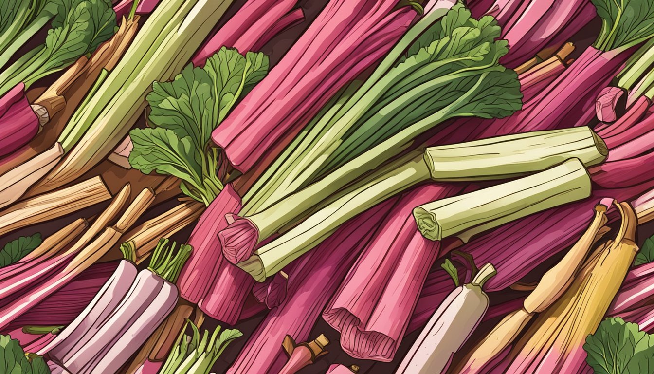 A colorful array of fresh and frozen rhubarb stalks, with vibrant hues and varying textures, arranged alongside a selection of cooking utensils and dishes