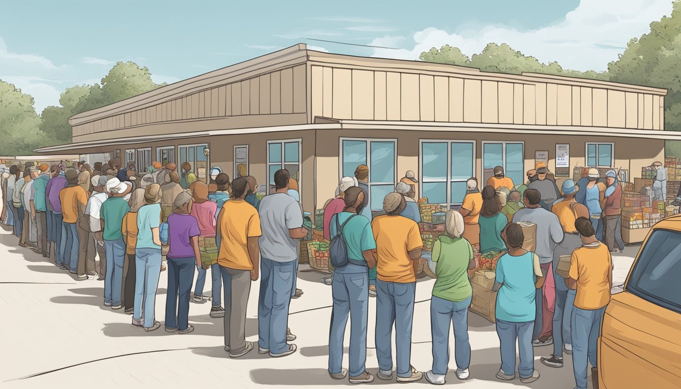 A line of people waits outside a food pantry in Dawson County, Texas, as volunteers distribute free groceries to those in need