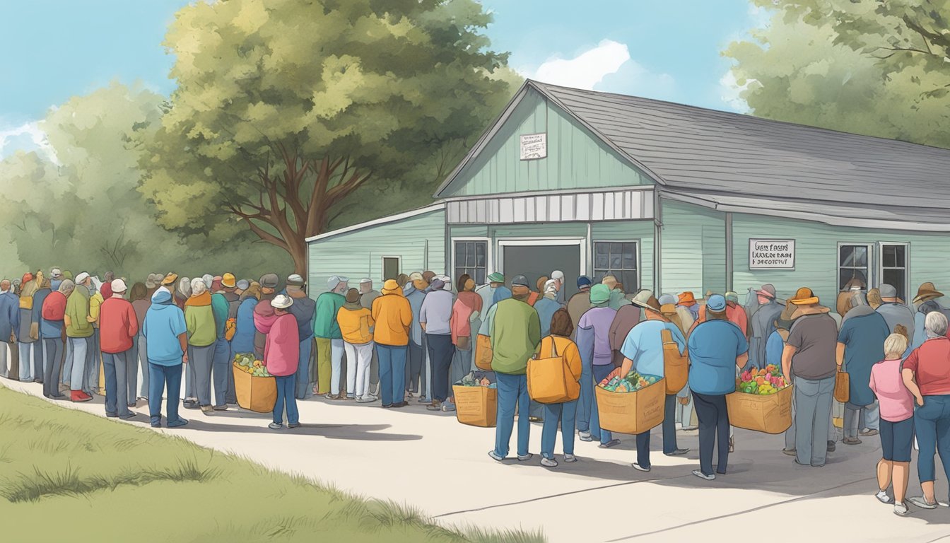 A line of people waits outside a food pantry in Dawson County, Texas, as volunteers hand out free groceries to those in need