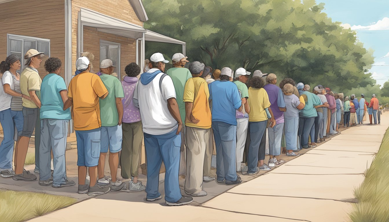 A line of people waiting outside a food pantry in Childress County, Texas, with volunteers handing out free groceries