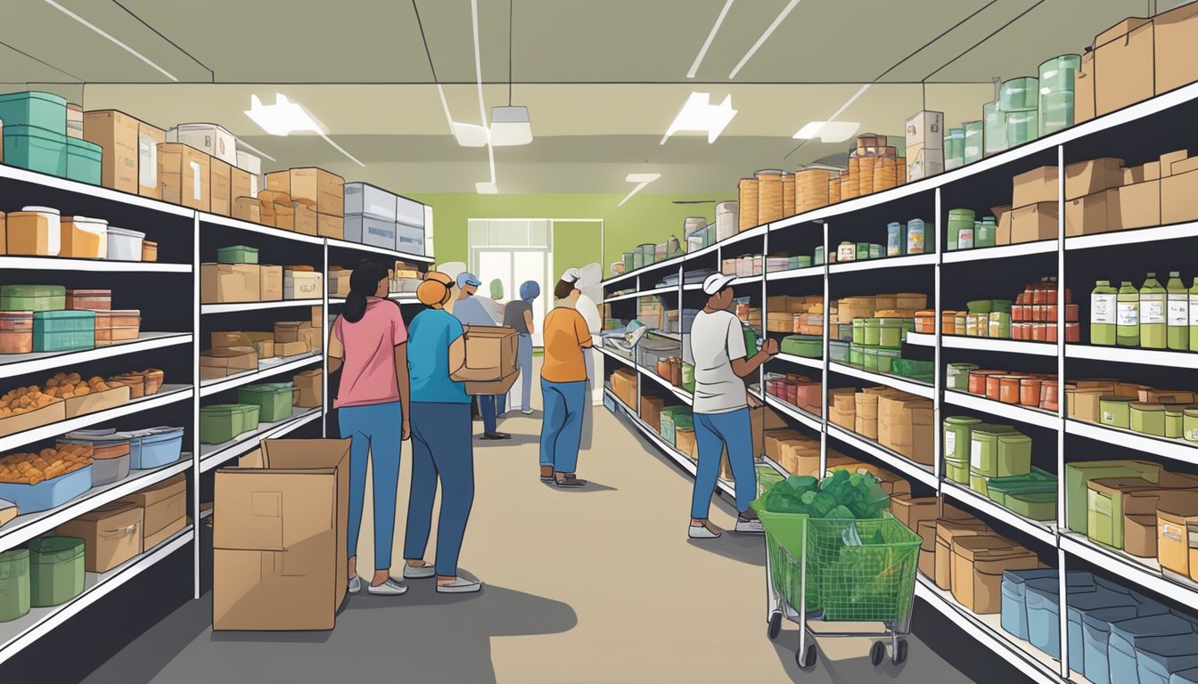 A bustling food pantry in Dawson County, Texas, with shelves stocked full of groceries and volunteers assisting those in need