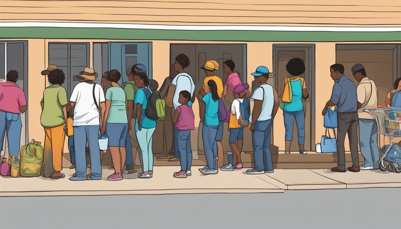 People lining up outside a food pantry in Childress County, Texas, waiting for free groceries and food assistance