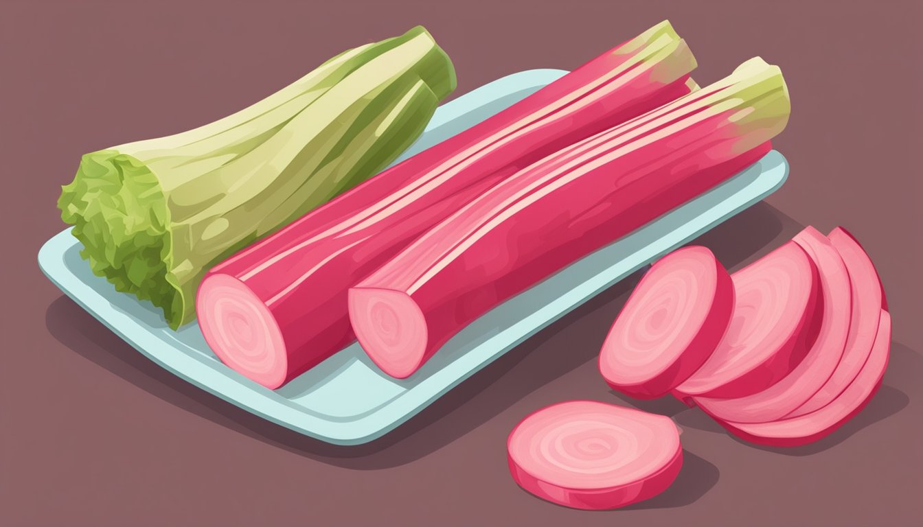 A chef slices fresh rhubarb and compares it to a bag of frozen rhubarb, noting differences in texture and color