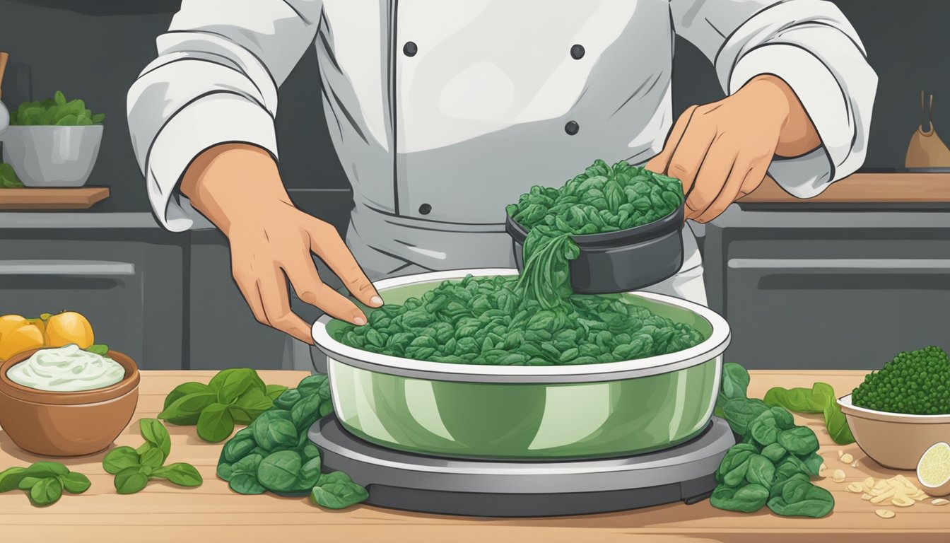 A chef mixing fresh spinach into a creamy dip, with a pile of frozen spinach next to it