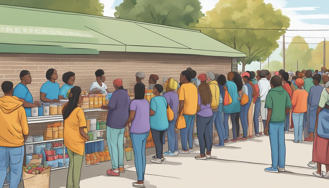 People lining up at a food pantry in Dallas County, Texas, receiving free groceries and supplies to combat food insecurity