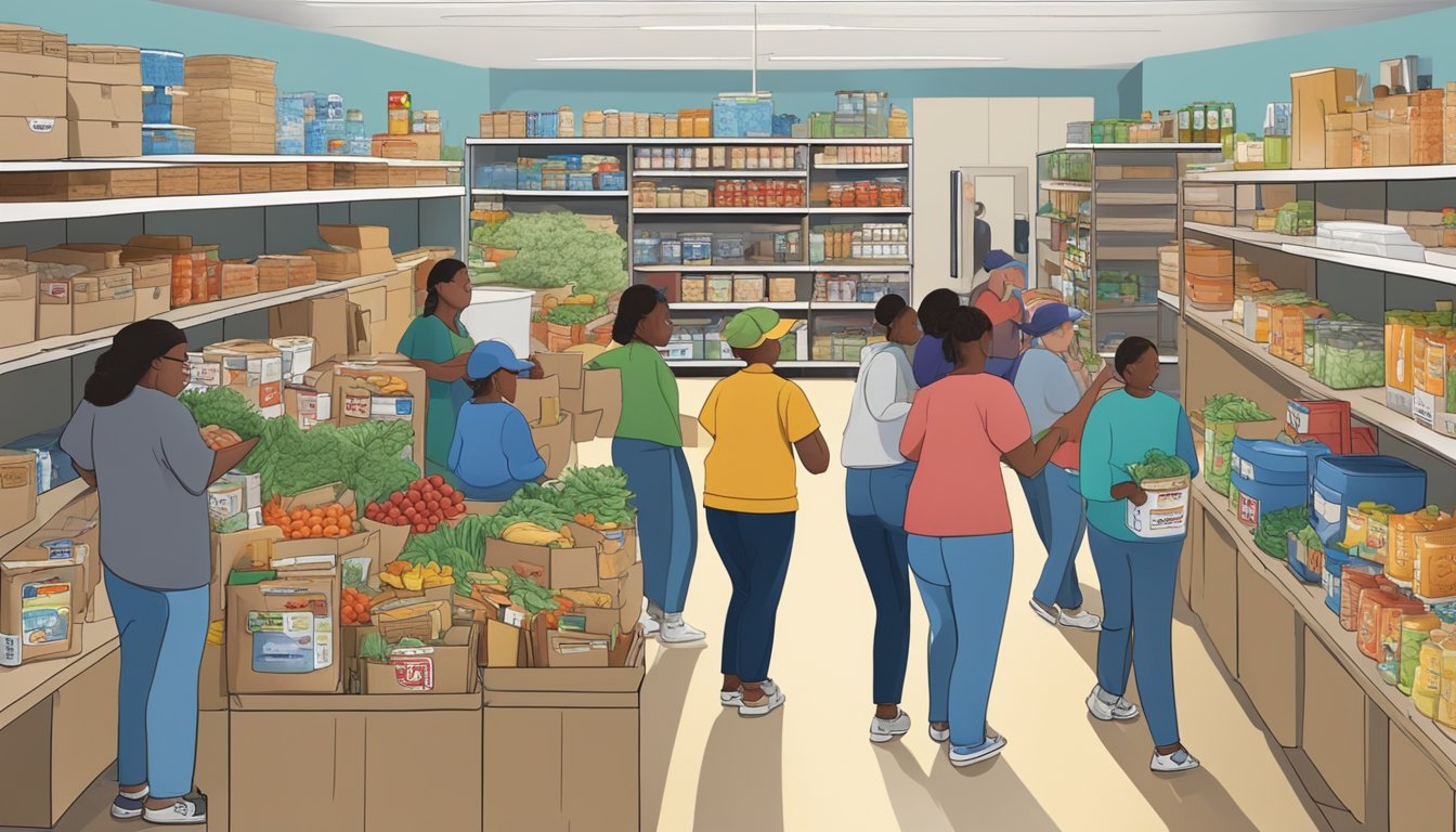 A bustling food pantry in Dawson County, Texas, with volunteers distributing free groceries and providing nutritional education to those in need