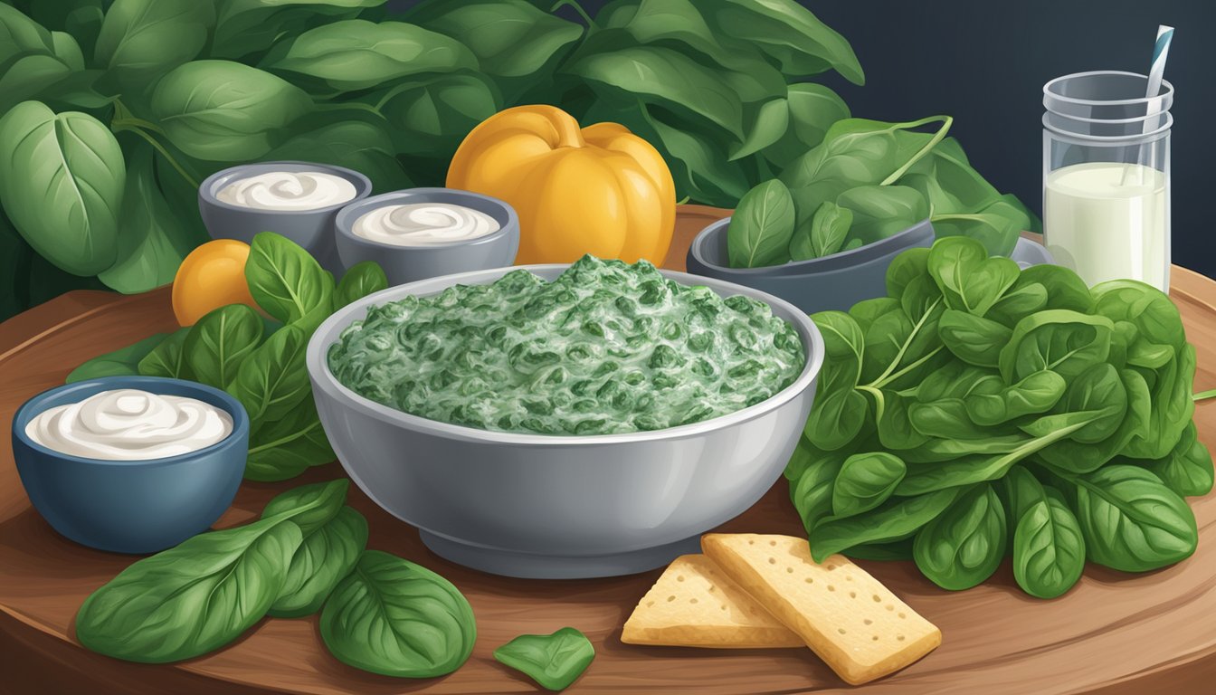 A bowl of creamy spinach dip surrounded by fresh and frozen spinach leaves, with various substitute ingredients nearby