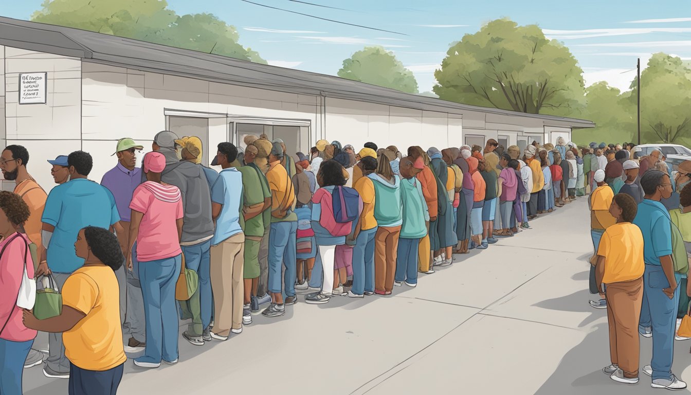 A line of people wait outside a food pantry in Dallas County, Texas, hoping to receive free groceries and food assistance