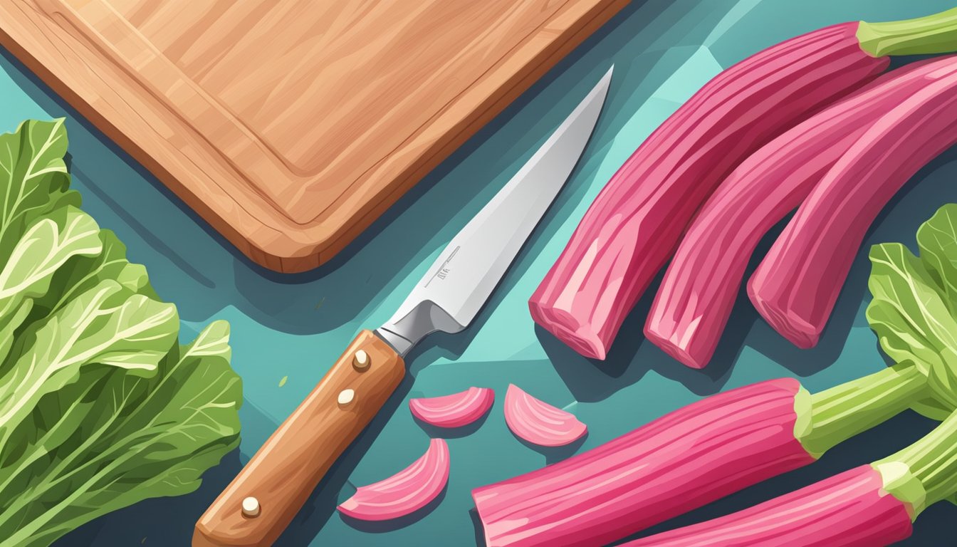 A vibrant kitchen counter displays a pile of fresh rhubarb next to a bag of frozen rhubarb. A cutting board and knife are nearby, ready for culinary experimentation