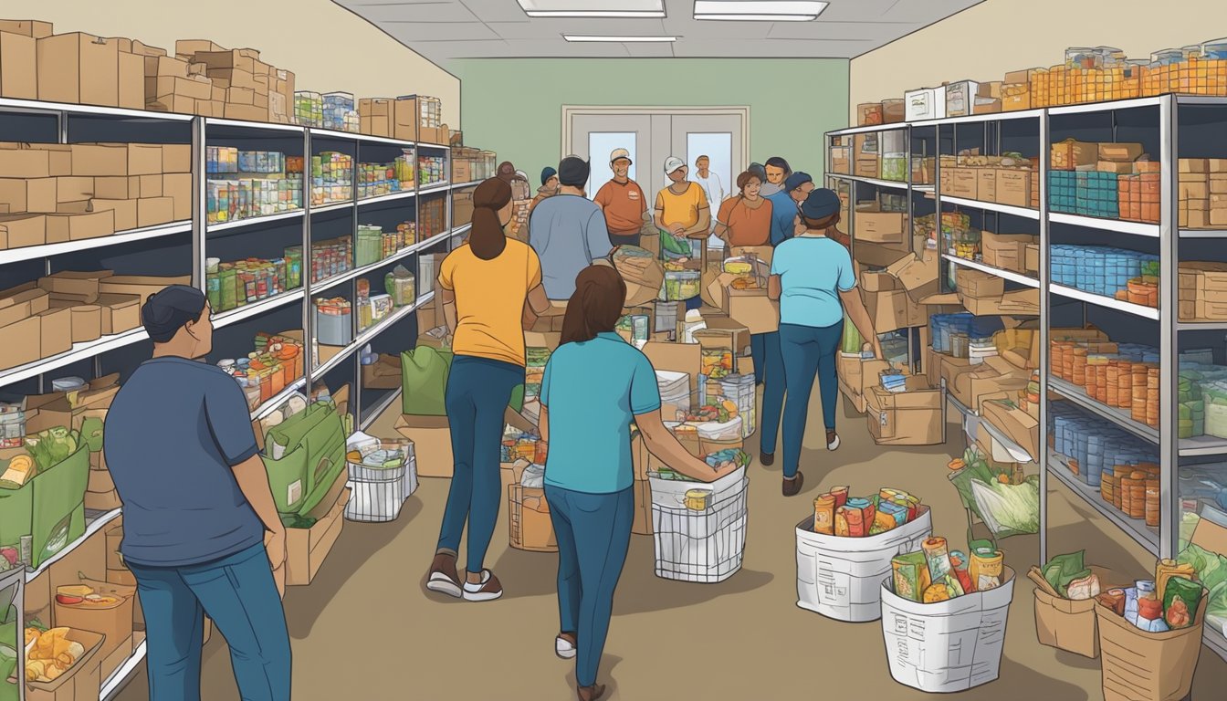 A bustling food pantry in Dawson County, Texas, with volunteers distributing free groceries to those in need