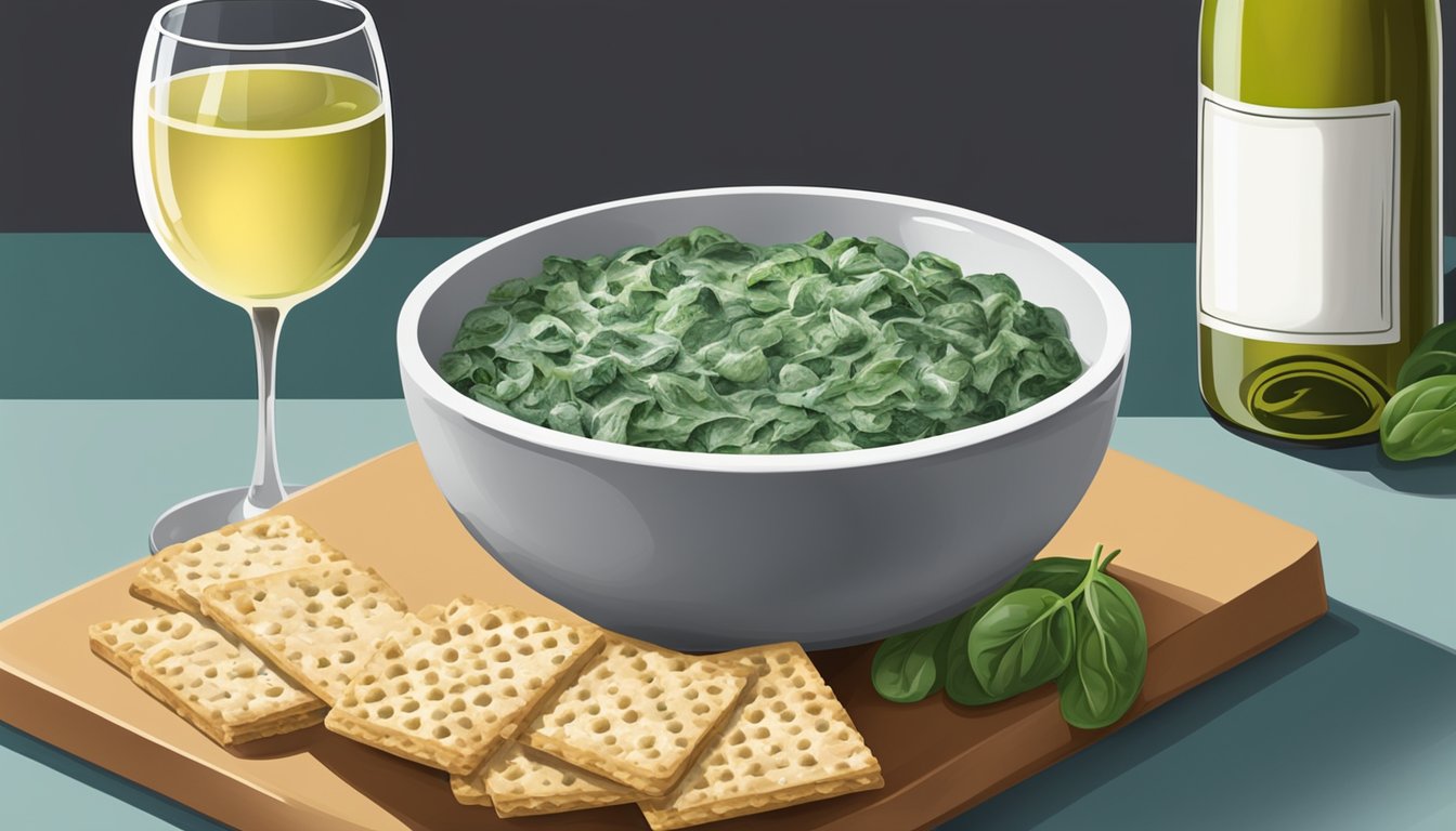 A bowl of creamy spinach dip sits next to a pile of fresh and frozen spinach. A plate of crackers and a glass of white wine complete the scene