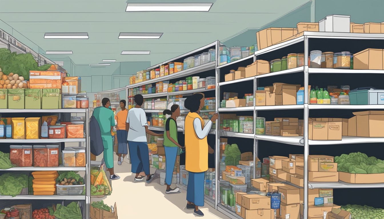 A bustling food pantry in Dallas County, Texas, with shelves stocked full of free groceries and volunteers assisting those in need