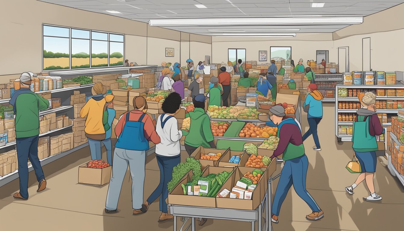 A bustling food pantry in Dawson County, Texas, with volunteers distributing free groceries to those in need