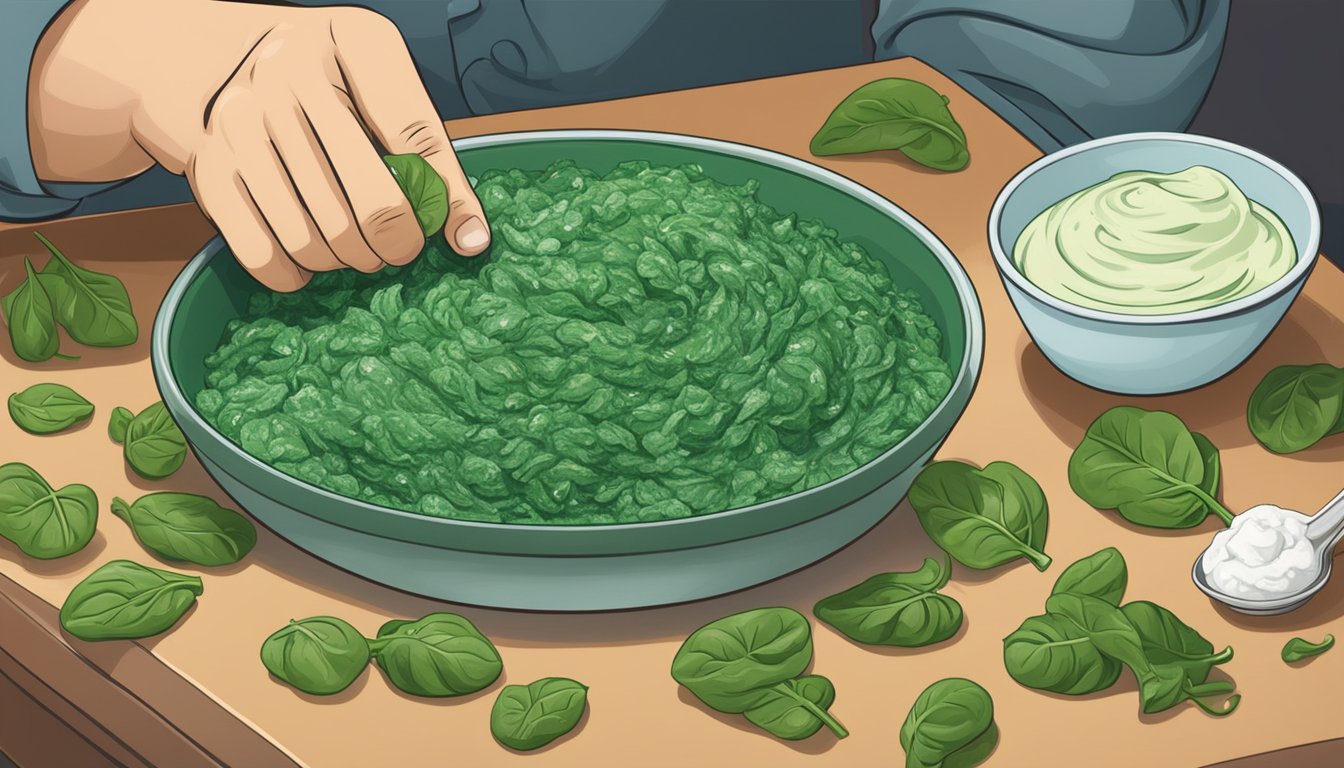 A chef blending fresh spinach into a creamy dip, with a pile of frozen spinach nearby