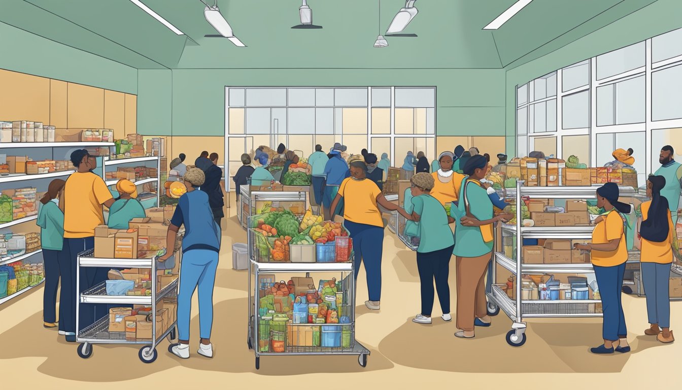 A bustling food pantry in Dallas County, Texas, with volunteers distributing free groceries to those in need