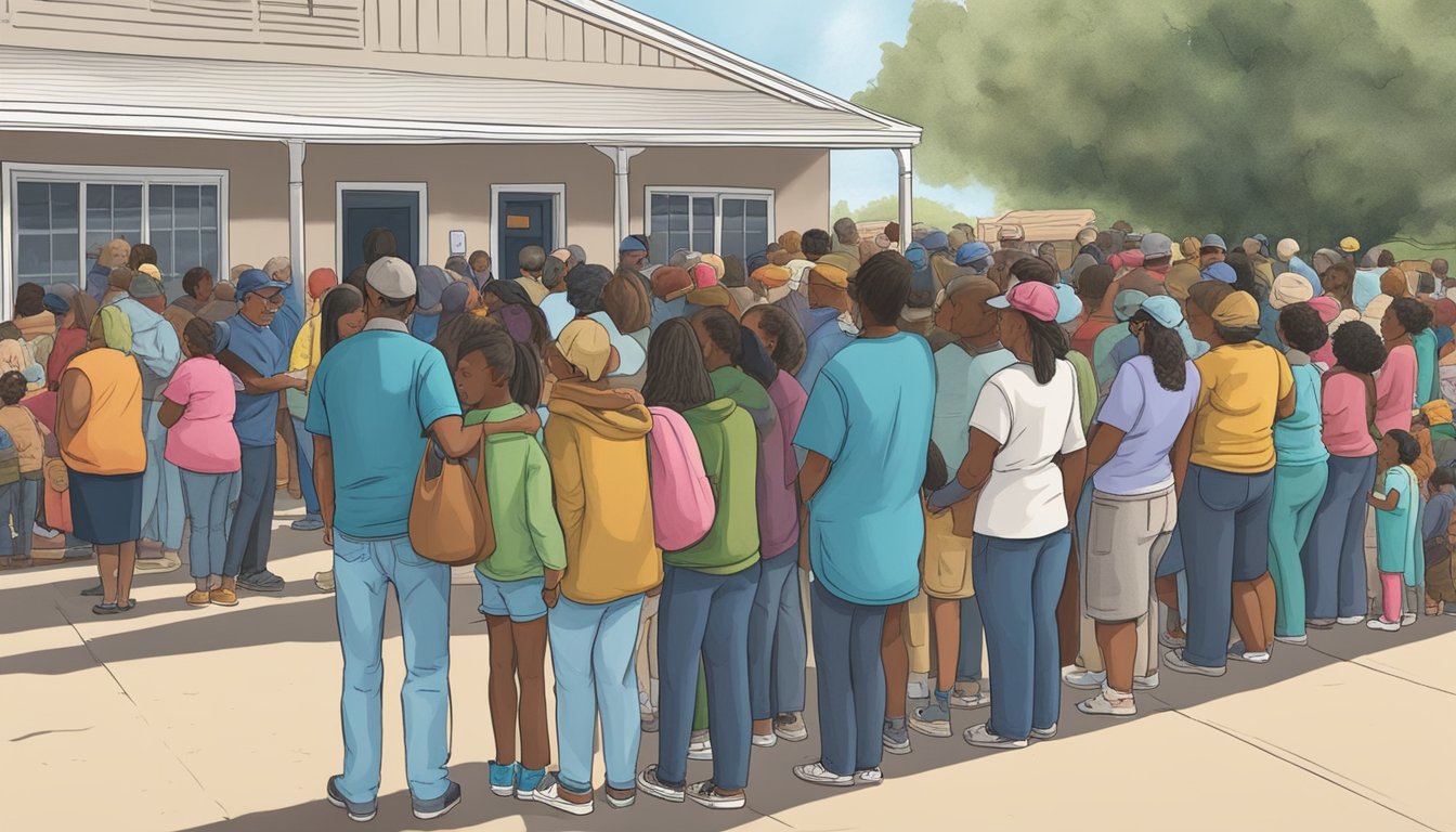 People lining up outside a food pantry in Dawson County, Texas, eagerly waiting to receive free groceries and supplies for those in need