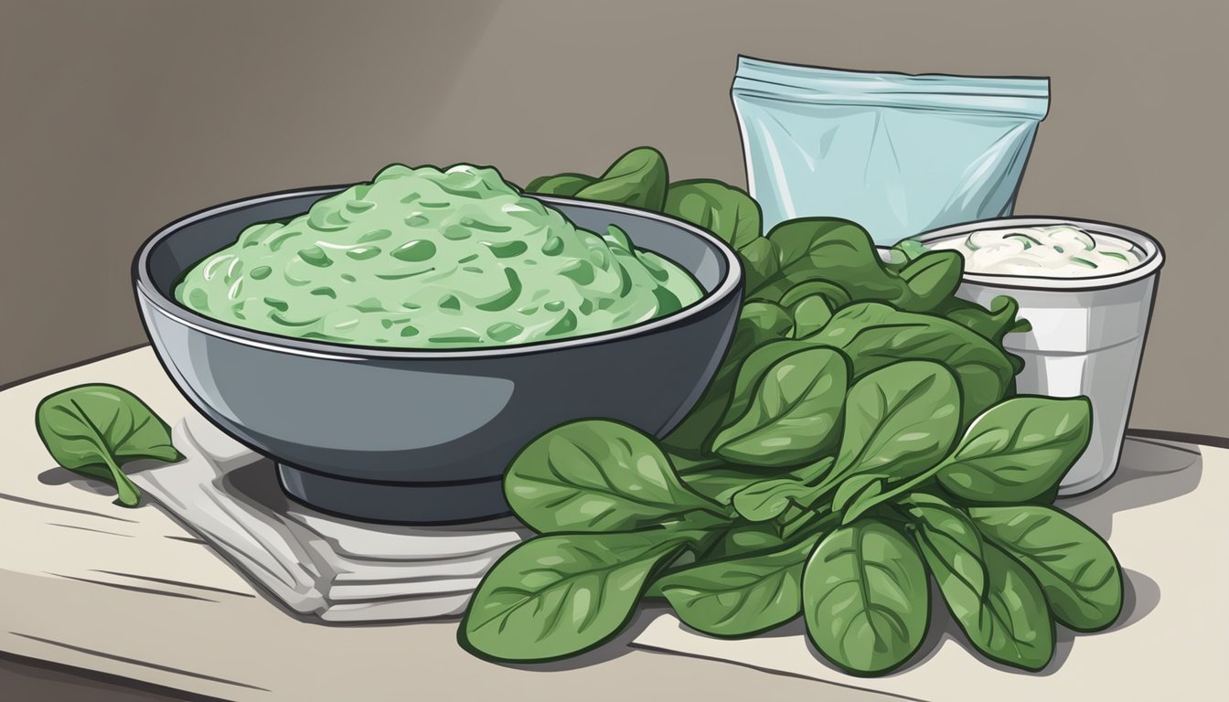 A bowl of creamy green dip sits next to a pile of fresh spinach leaves and a bag of frozen spinach, ready to be used for comparison