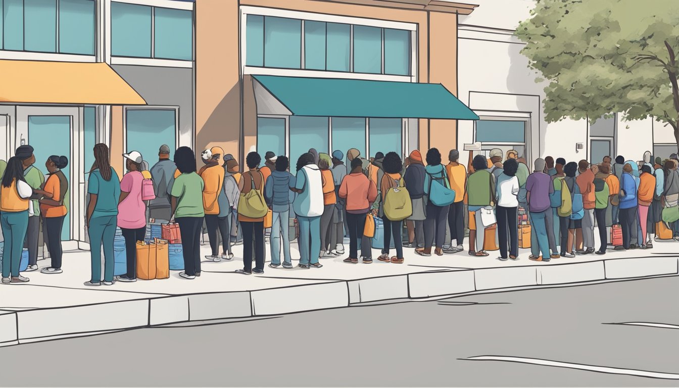 A line of people waits outside a food pantry in Dallas County, Texas. Volunteers hand out free groceries to those in need