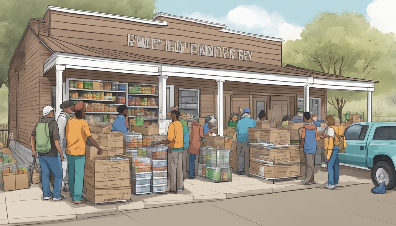 A bustling food pantry in Dawson County, Texas, with volunteers handing out free groceries to those in need