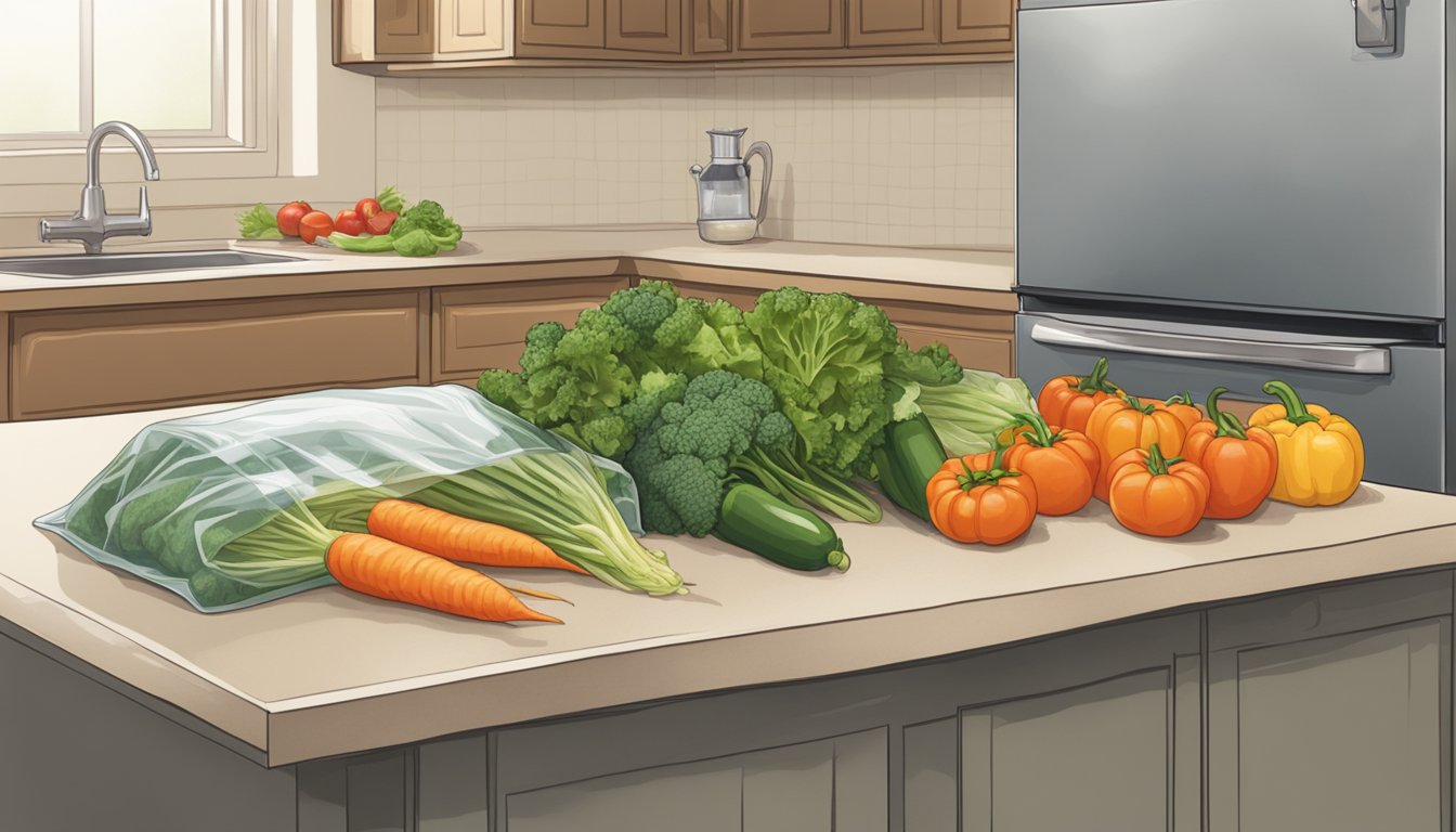 A kitchen counter with fresh vegetables on one side and a bag of frozen mirepoix on the other, representing the battle of kitchen convenience