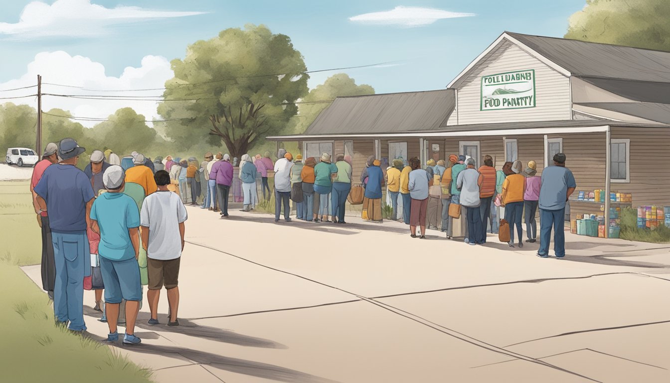 A line of people wait outside a small food pantry in Childress County, Texas. Volunteers hand out bags of groceries to those in need