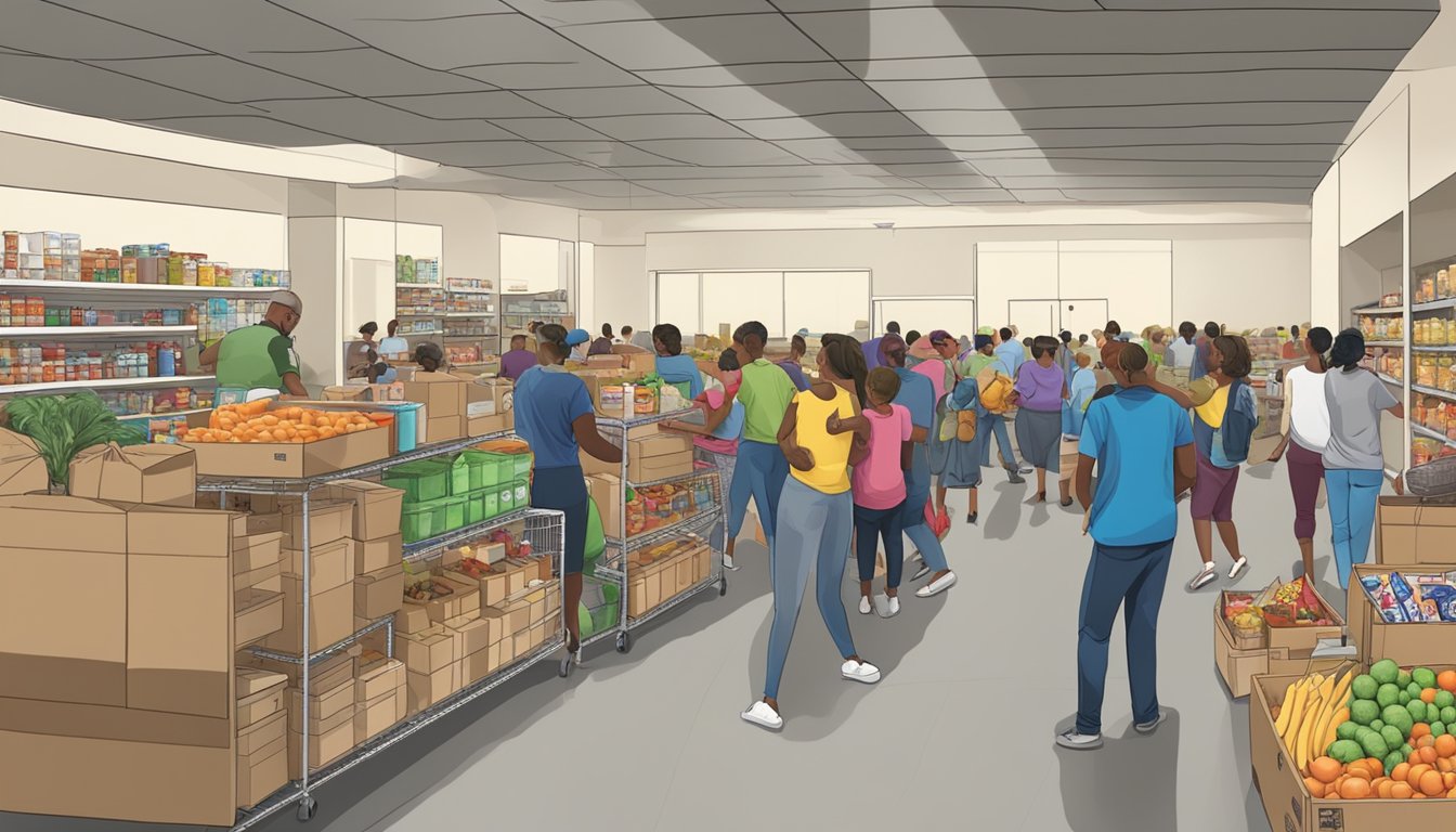 A bustling food pantry in Dallas County, Texas, with families and children receiving free groceries and supplies