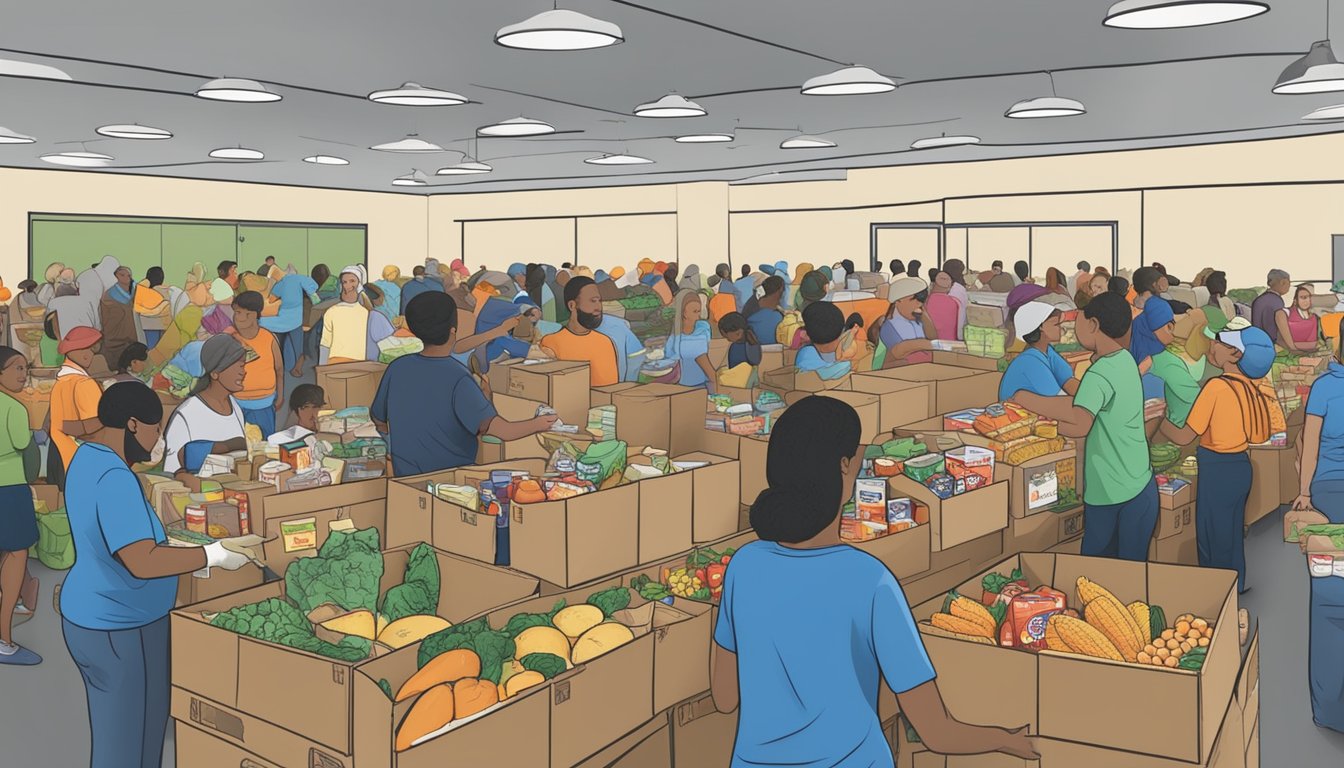 A bustling food pantry in Dallas County, Texas, with volunteers distributing free groceries to those in need