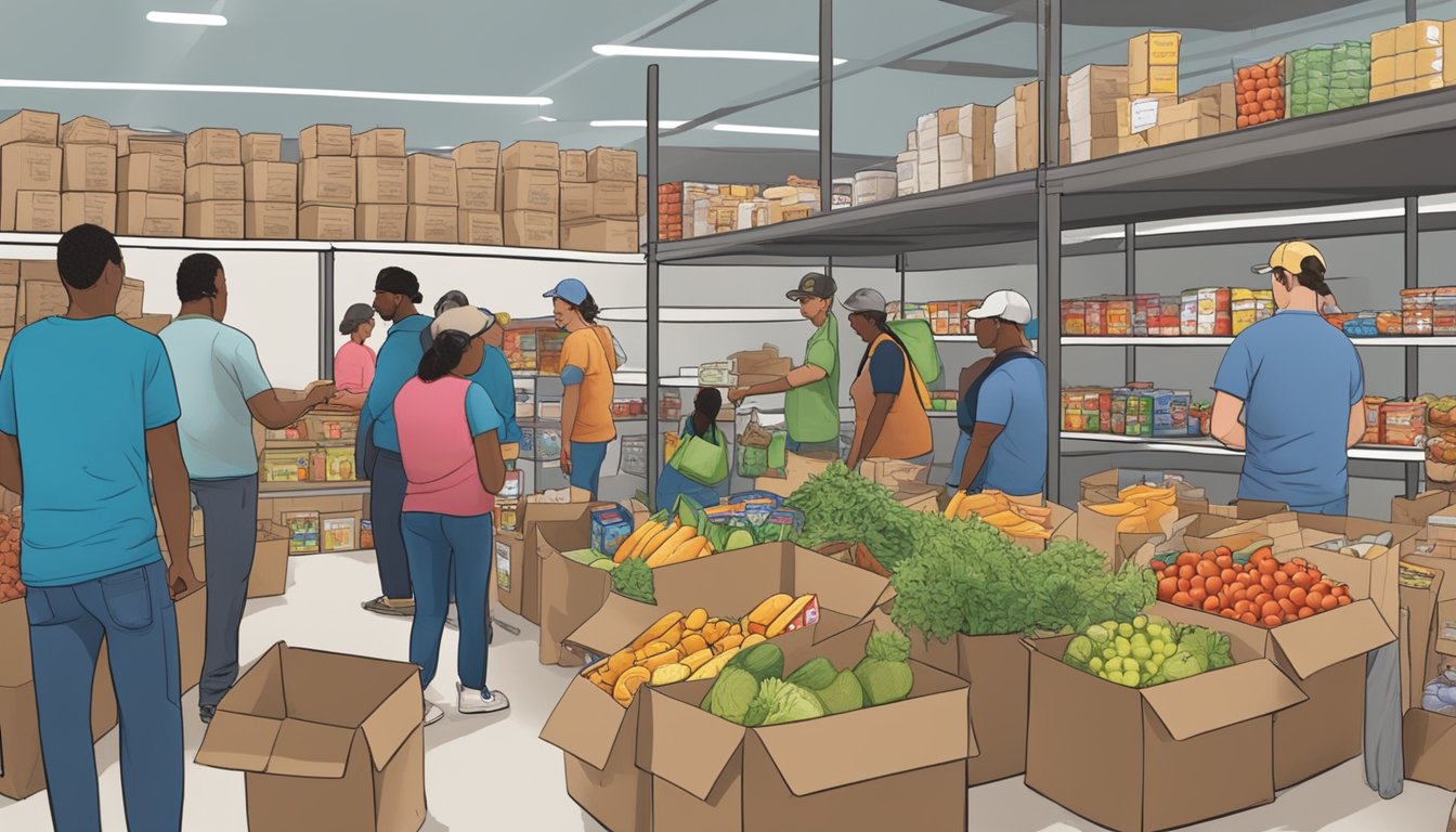 A bustling food pantry in Childress County, Texas, with volunteers handing out free groceries to those in need