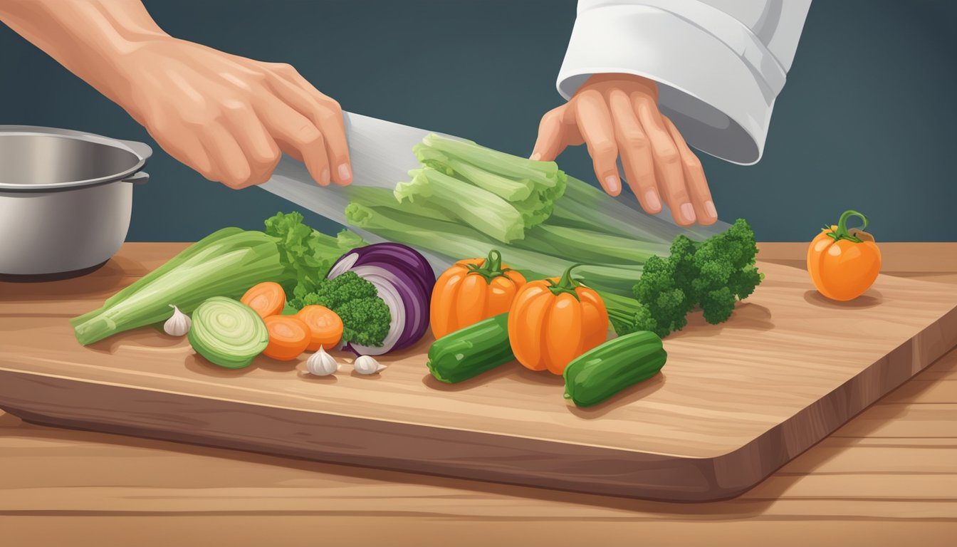 A chef reaching for a bag of frozen mirepoix next to a pile of fresh chopped vegetables on a cutting board