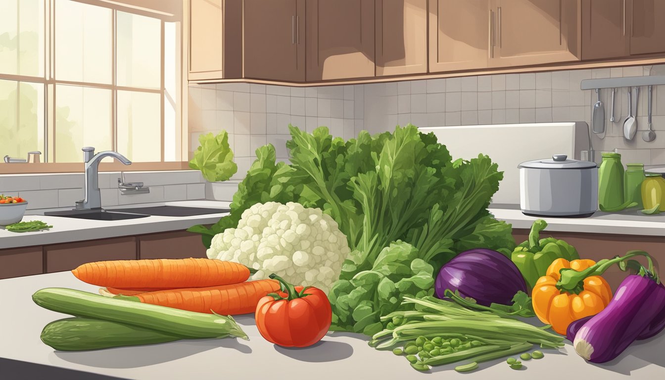 A pile of fresh and frozen vegetables sit side by side on a kitchen counter, surrounded by scattered peels and trimmings. A chef's knife and cutting board are nearby, indicating preparation for a meal